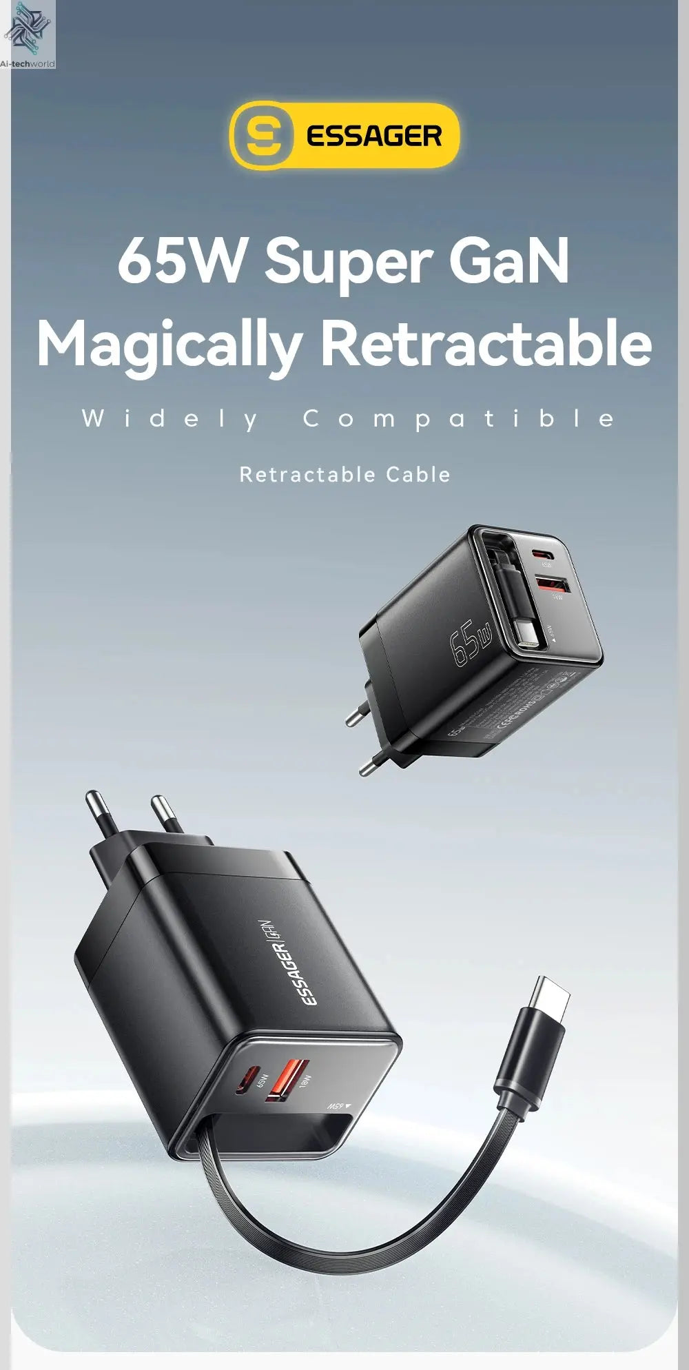 Essager 65W GaN Charger with Retractable Cable PD Fast Charging for Laptop Macbook iPhone 16 15 14 Xiaomi Type-C Phone Charger Ai-TechWorld 