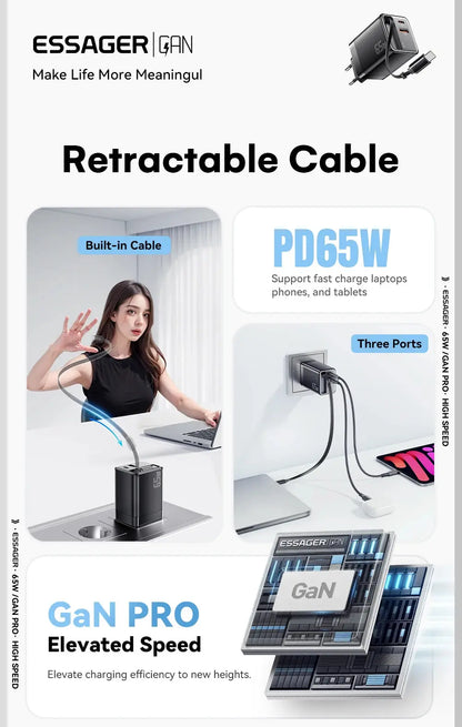 Essager 65W GaN Charger with Retractable Cable PD Fast Charging for Laptop Macbook iPhone 16 15 14 Xiaomi Type-C Phone Charger Ai-TechWorld 