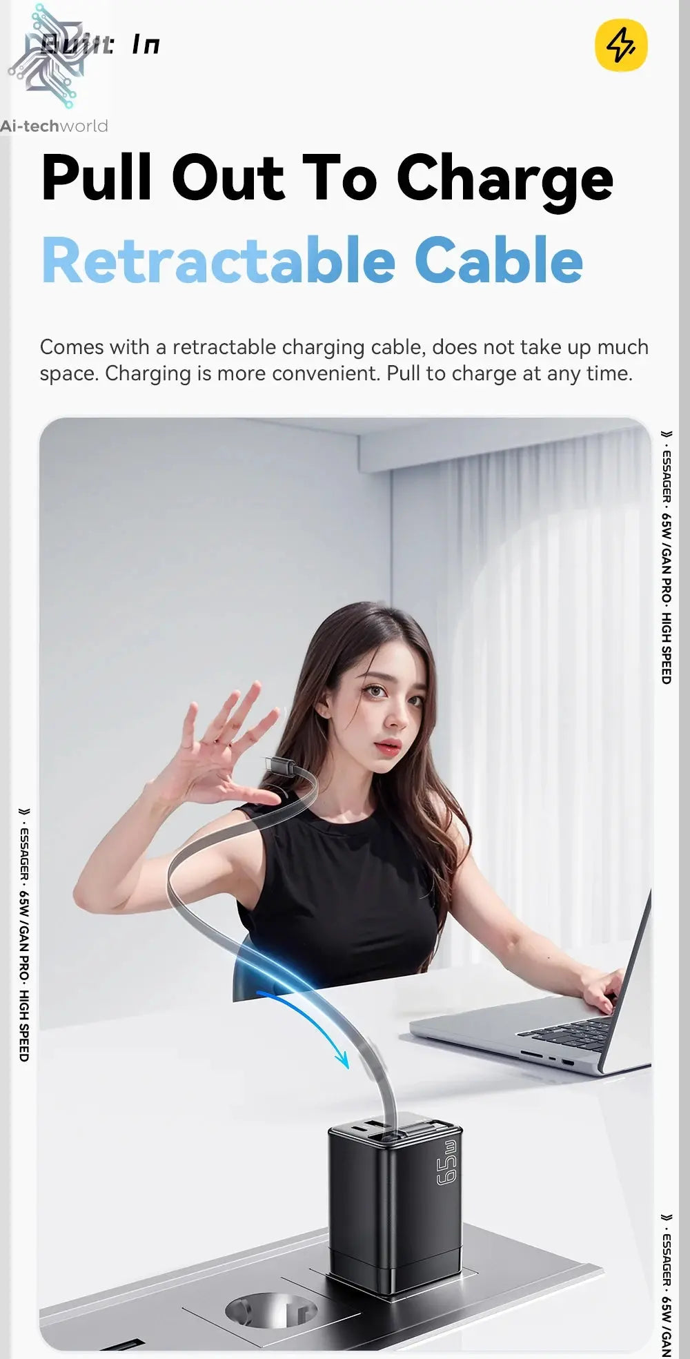 Essager 65W GaN Charger with Retractable Cable PD Fast Charging for Laptop Macbook iPhone 16 15 14 Xiaomi Type-C Phone Charger Ai-TechWorld 