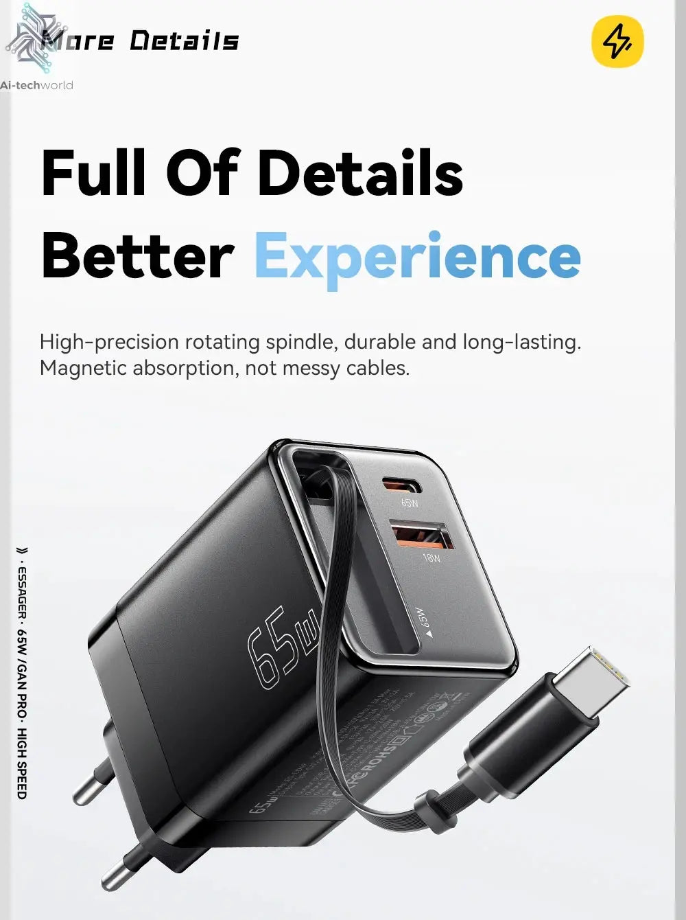 Essager 65W GaN Charger with Retractable Cable PD Fast Charging for Laptop Macbook iPhone 16 15 14 Xiaomi Type-C Phone Charger Ai-TechWorld 