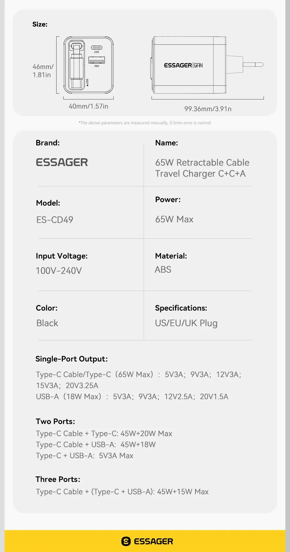 Essager 65W GaN Charger with Retractable Cable PD Fast Charging for Laptop Macbook iPhone 16 15 14 Xiaomi Type-C Phone Charger Ai-TechWorld 