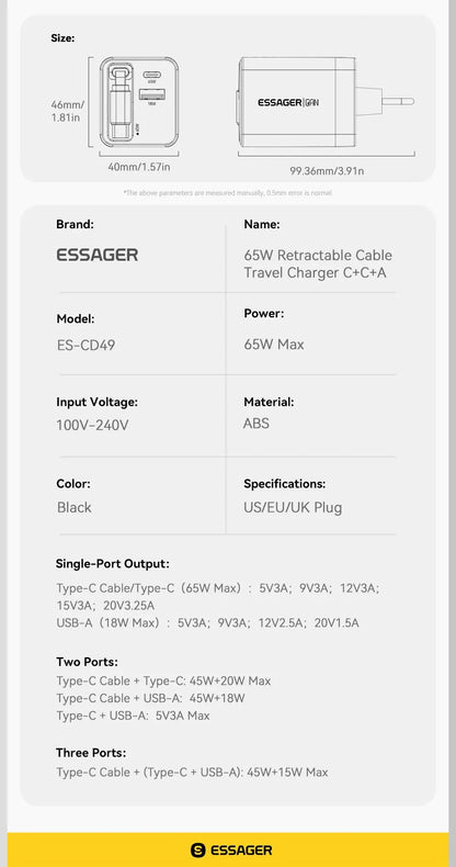 Essager 65W GaN Charger with Retractable Cable PD Fast Charging for Laptop Macbook iPhone 16 15 14 Xiaomi Type-C Phone Charger Ai-TechWorld 