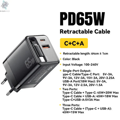 Essager 65W GaN Charger with Retractable Cable PD Fast Charging for Laptop Macbook iPhone 16 15 14 Xiaomi Type-C Phone Charger Ai-TechWorld 