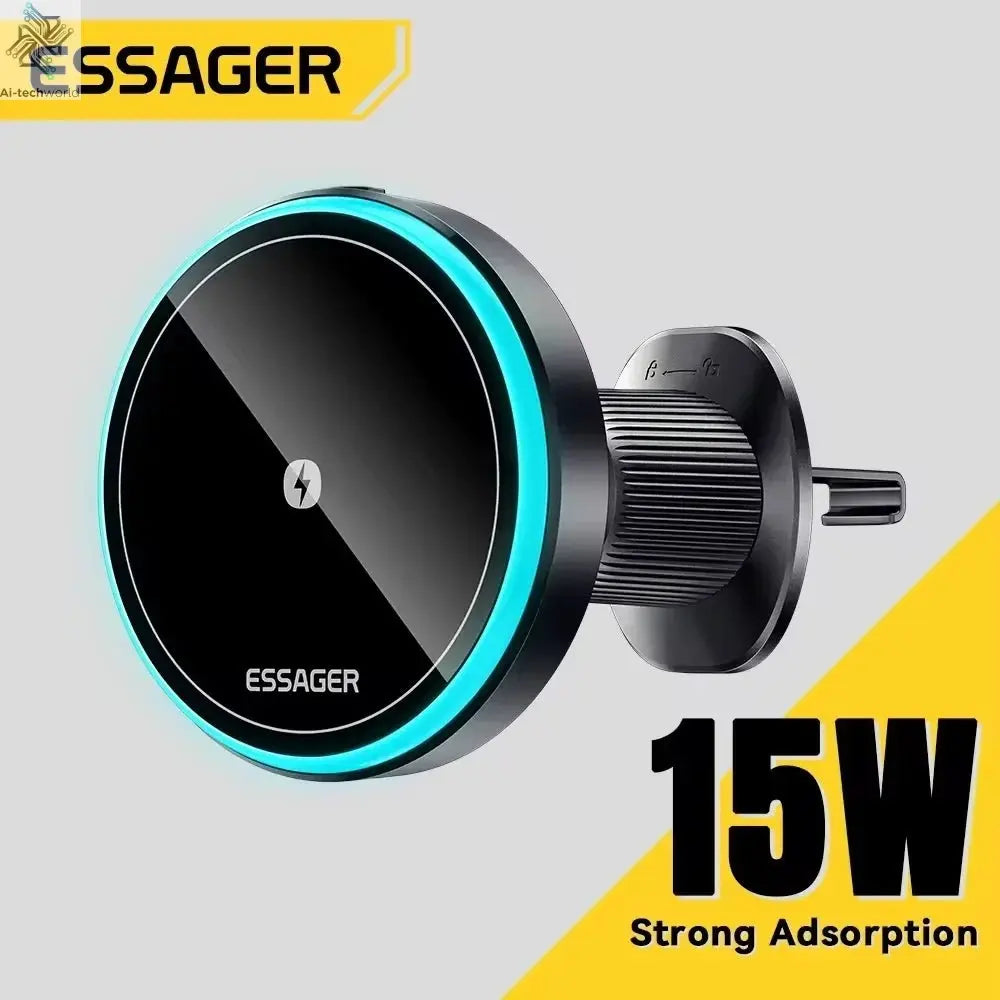 Essager Magnetic Car Phone Holder 15W Wireless Charger Stand For iPhone 17 16 15 14 Max Car Mount Charger for Magsafe LED Light - Ai - TechWorld