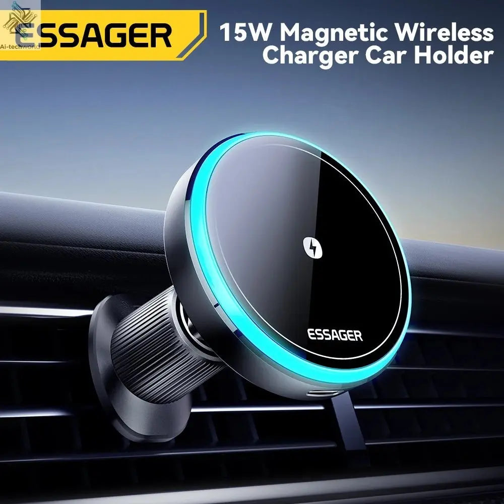 Essager Magnetic Car Phone Holder 15W Wireless Charger Stand For iPhone 17 16 15 14 Max Car Mount Charger for Magsafe LED Light - Ai - TechWorld