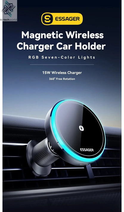 Essager Magnetic Car Phone Holder 15W Wireless Charger Stand For iPhone 17 16 15 14 Max Car Mount Charger for Magsafe LED Light - Ai - TechWorld