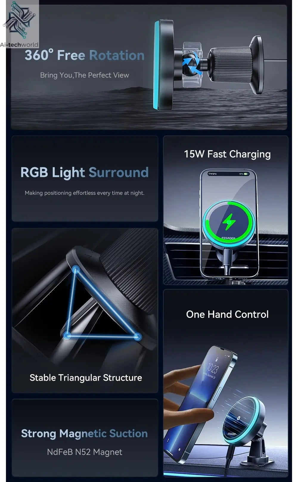 Essager Magnetic Car Phone Holder 15W Wireless Charger Stand For iPhone 17 16 15 14 Max Car Mount Charger for Magsafe LED Light - Ai - TechWorld