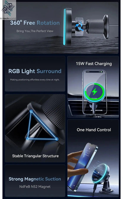 Essager Magnetic Car Phone Holder 15W Wireless Charger Stand For iPhone 17 16 15 14 Max Car Mount Charger for Magsafe LED Light - Ai - TechWorld