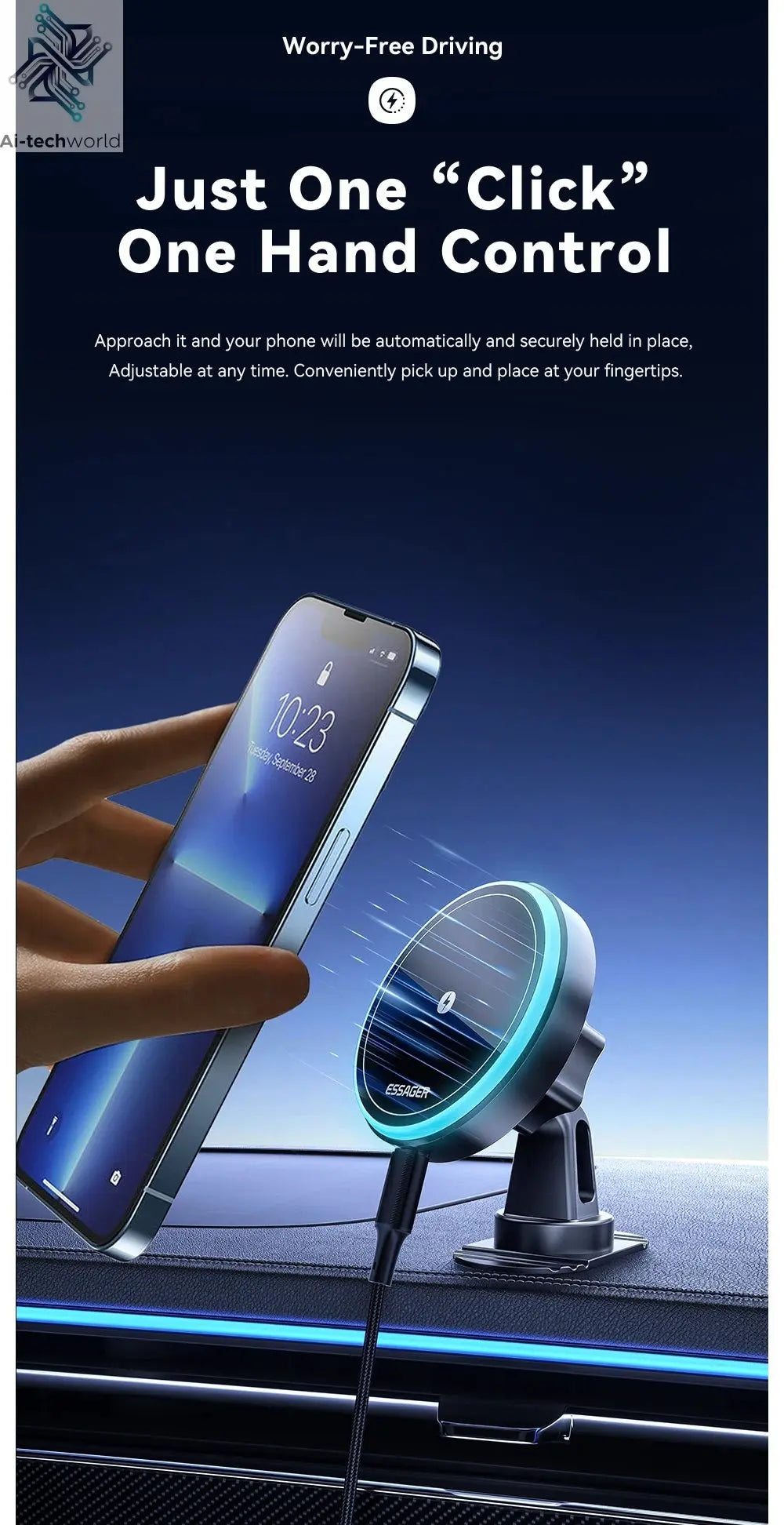 Essager Magnetic Car Phone Holder 15W Wireless Charger Stand For iPhone 17 16 15 14 Max Car Mount Charger for Magsafe LED Light - Ai - TechWorld