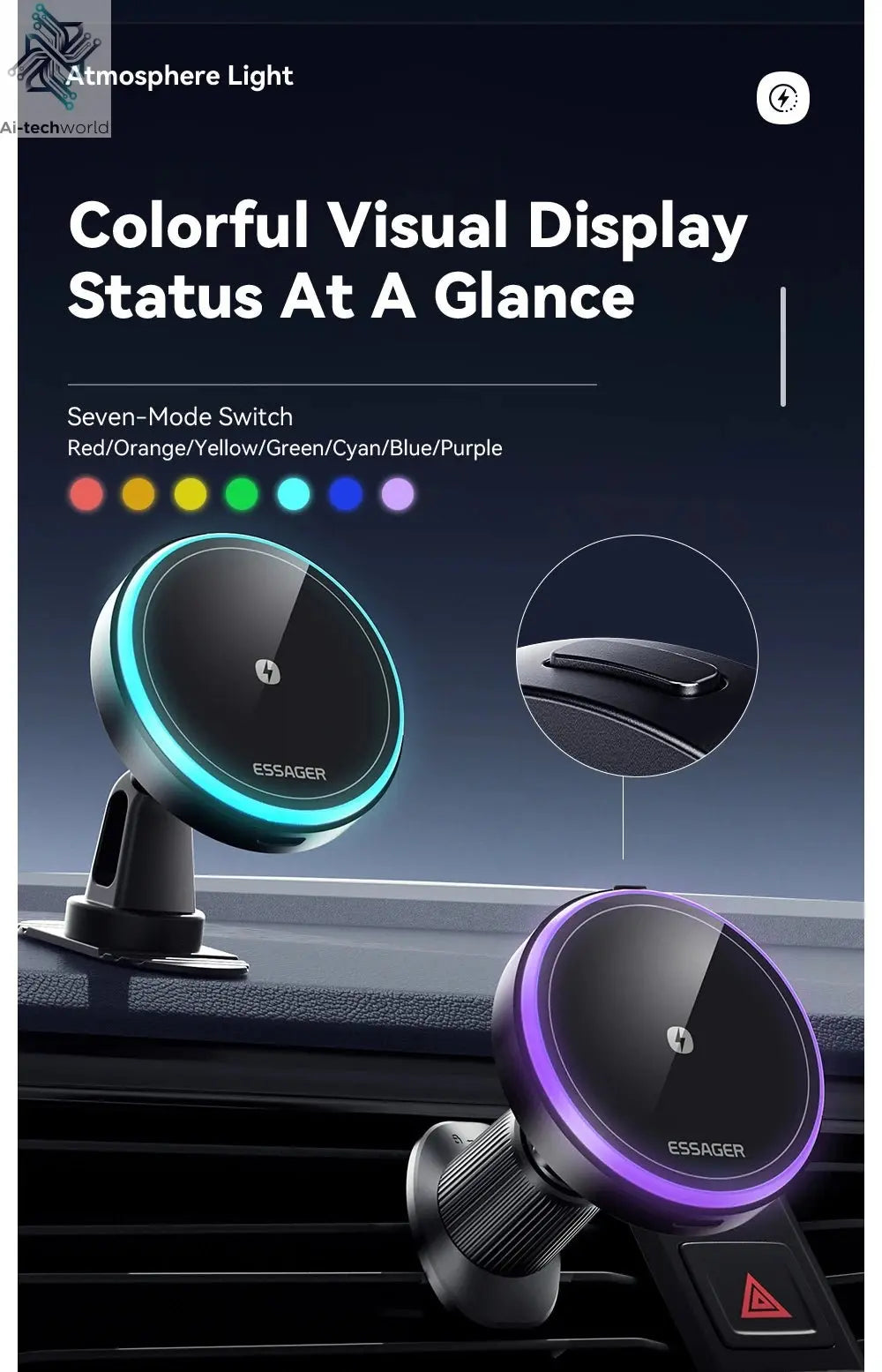 Essager Magnetic Car Phone Holder 15W Wireless Charger Stand For iPhone 17 16 15 14 Max Car Mount Charger for Magsafe LED Light - Ai - TechWorld