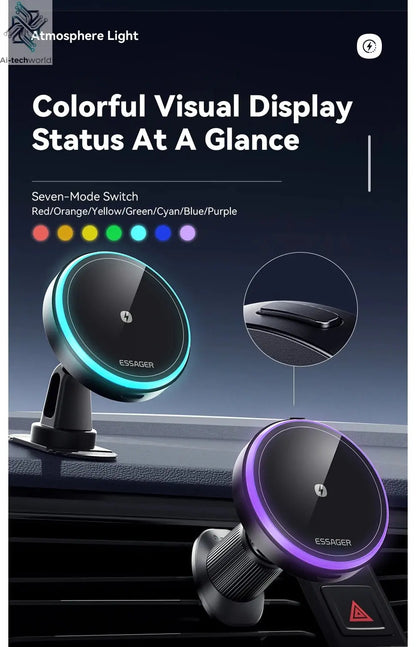 Essager Magnetic Car Phone Holder 15W Wireless Charger Stand For iPhone 17 16 15 14 Max Car Mount Charger for Magsafe LED Light - Ai - TechWorld