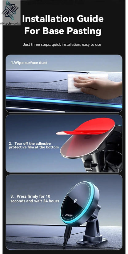 Essager Magnetic Car Phone Holder 15W Wireless Charger Stand For iPhone 17 16 15 14 Max Car Mount Charger for Magsafe LED Light - Ai - TechWorld