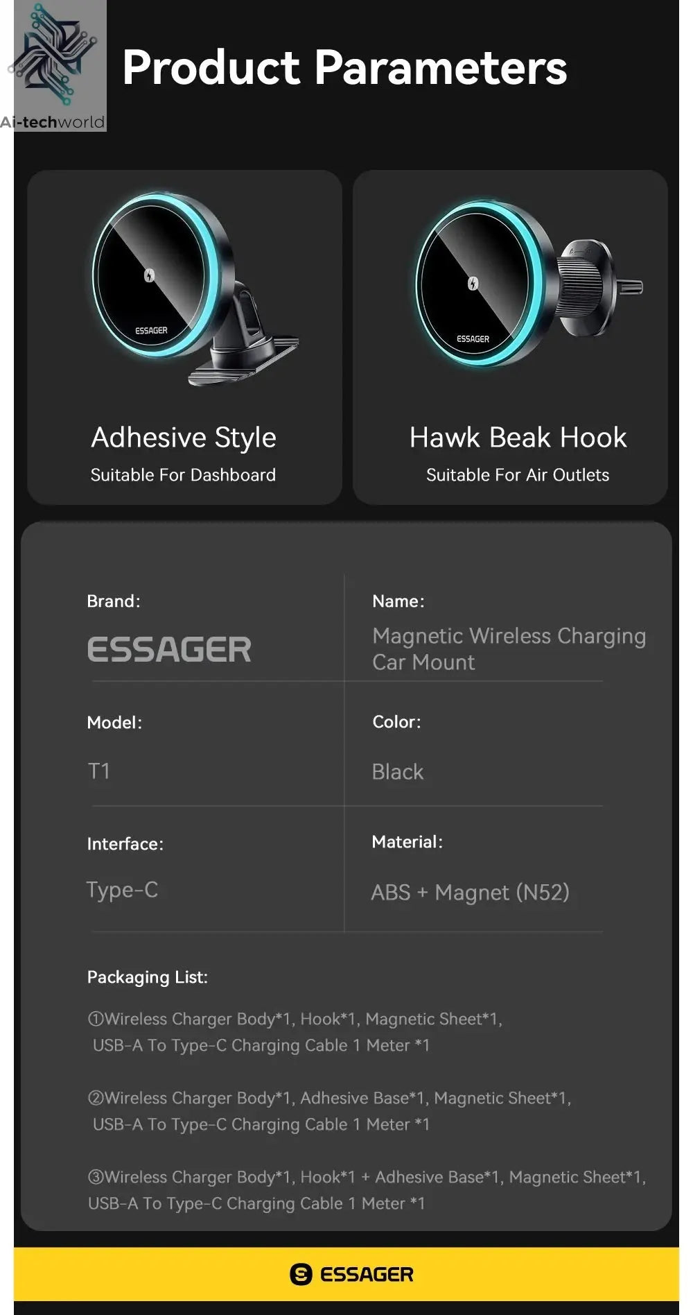 Essager Magnetic Car Phone Holder 15W Wireless Charger Stand For iPhone 17 16 15 14 Max Car Mount Charger for Magsafe LED Light - Ai - TechWorld