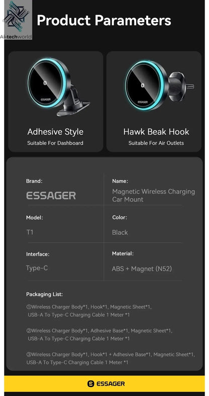 Essager Magnetic Car Phone Holder 15W Wireless Charger Stand For iPhone 17 16 15 14 Max Car Mount Charger for Magsafe LED Light - Ai - TechWorld