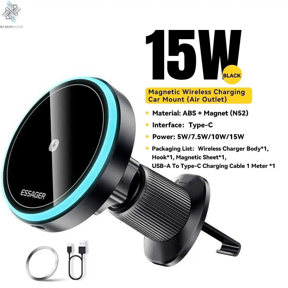 Essager Magnetic Car Phone Holder 15W Wireless Charger Stand For iPhone 17 16 15 14 Max Car Mount Charger for Magsafe LED Light - Ai - TechWorld