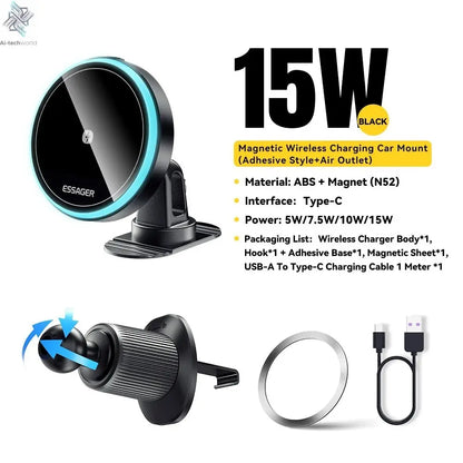 Essager Magnetic Car Phone Holder 15W Wireless Charger Stand For iPhone 17 16 15 14 Max Car Mount Charger for Magsafe LED Light - Ai - TechWorld