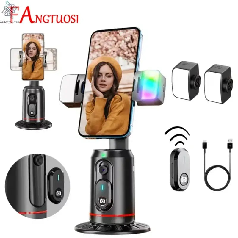 FANGTUOSI 360 Rotation Follow-up Gimbal Stabilizer Monopod Desktop Tracking Gimbal with Remote for Phone Tiktok Live Photography Ai-TechWorld 