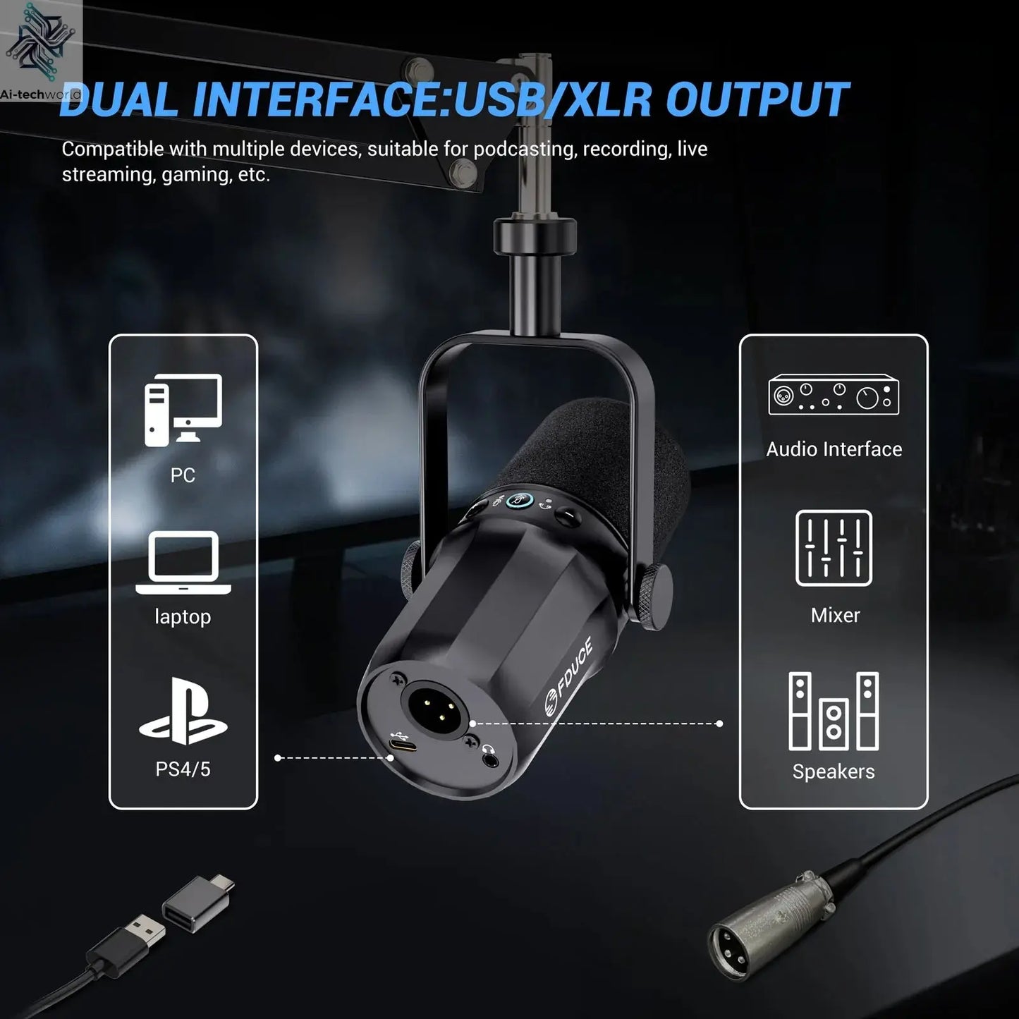 FDUCE SL40+ USB/XLR Dynamic Microphone Kit With Built - in Headset Output / Sound Insulation/Arm Stand,For PC PS5/4 Mixer - Ai - TechWorld
