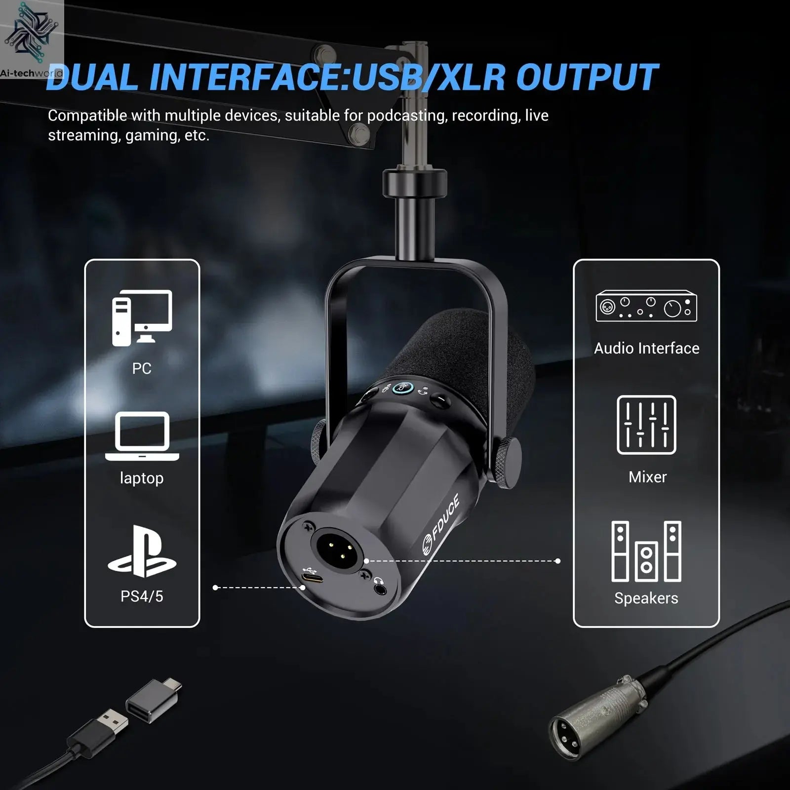 FDUCE SL40+ USB/XLR Dynamic Microphone Kit With Built - in Headset Output / Sound Insulation/Arm Stand,For PC PS5/4 Mixer - Ai - TechWorld