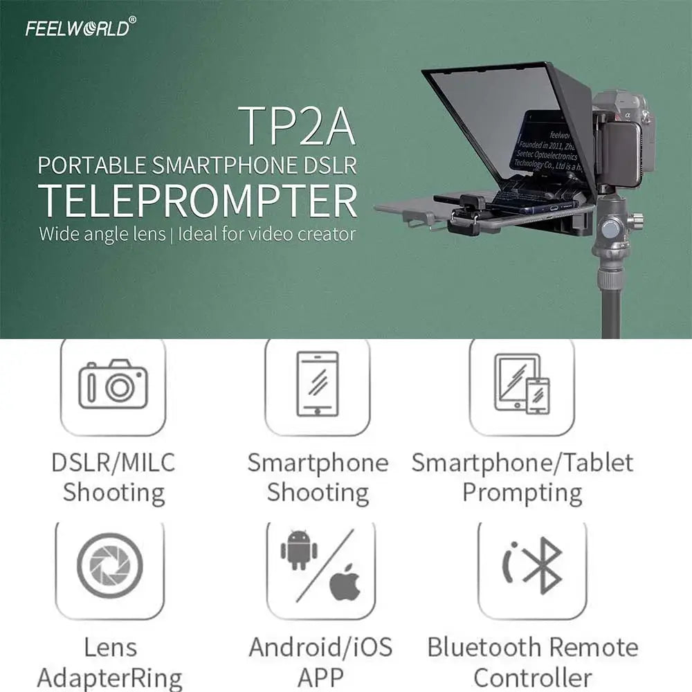 FEELWORLD  TP2A Portable 8 Inch Teleprompter Supports Under 8" DSLR Shooting Smartphone/Tablet Prompting Remote - Ai-TechWorld