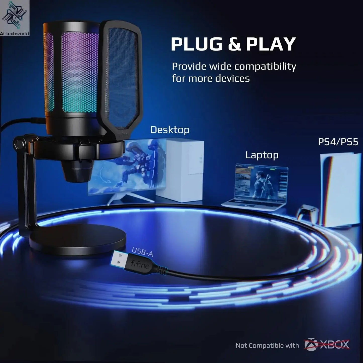 FIFINE AmpliGame Gaming Microphone with Shock Mount,Gain Knob,Touch-mute,Streaming Podcast Condenser Mic for PC,Switch,PS5-A6NEO Ai-TechWorld 