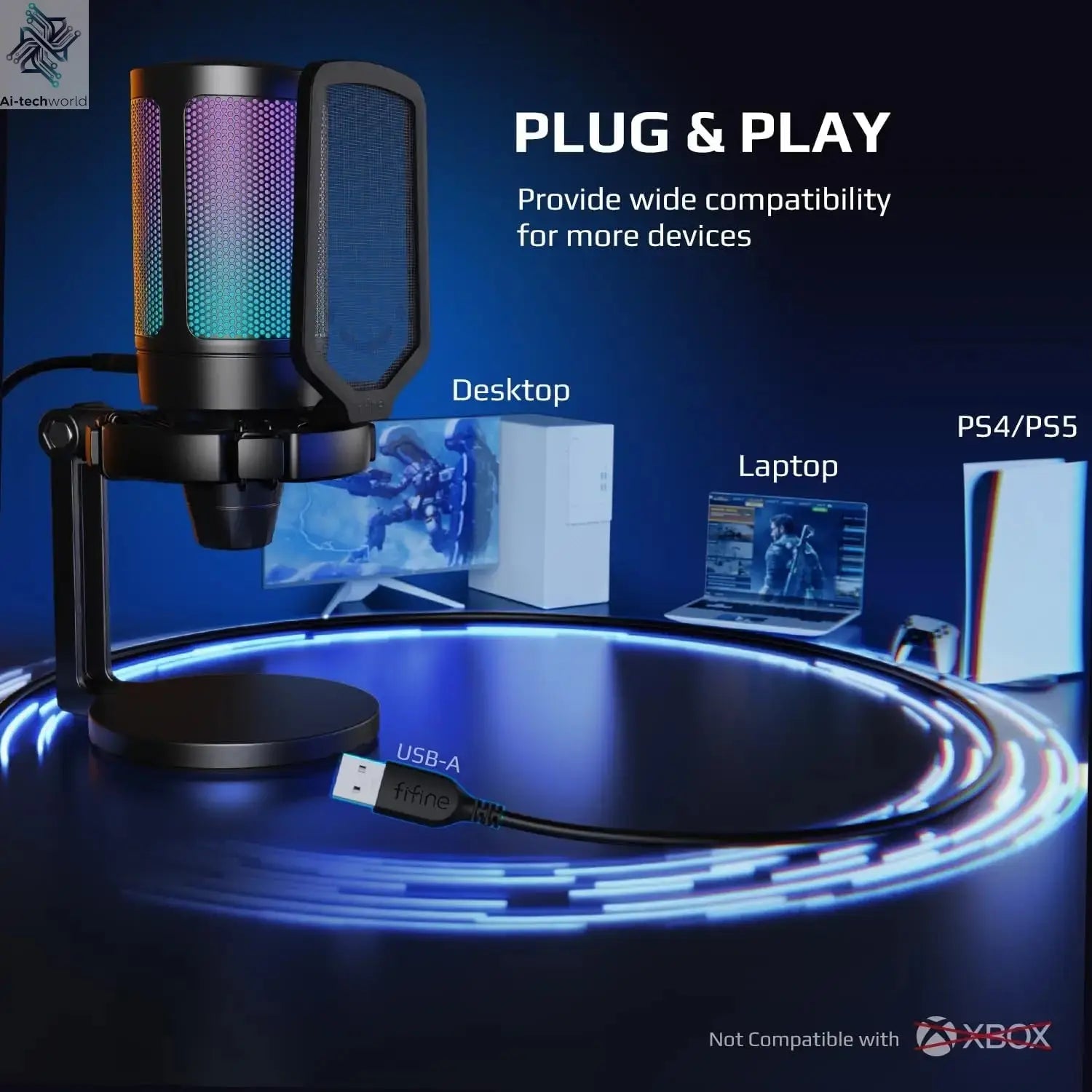 FIFINE AmpliGame Gaming Microphone with Shock Mount,Gain Knob,Touch-mute,Streaming Podcast Condenser Mic for PC,Switch,PS5-A6NEO Ai-TechWorld 