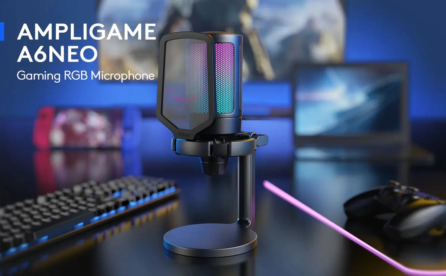 FIFINE AmpliGame Gaming Microphone with Shock Mount,Gain Knob,Touch-mute,Streaming Podcast Condenser Mic for PC,Switch,PS5-A6NEO Ai-TechWorld 