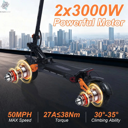 FREEBOY 6000W Fast Electric Scooter for Adult, Daul Motor 50mph, 60V 30Ah, 11'' Off Road Tires, 55miles Range, Foldable eScooter Ai-TechWorld 