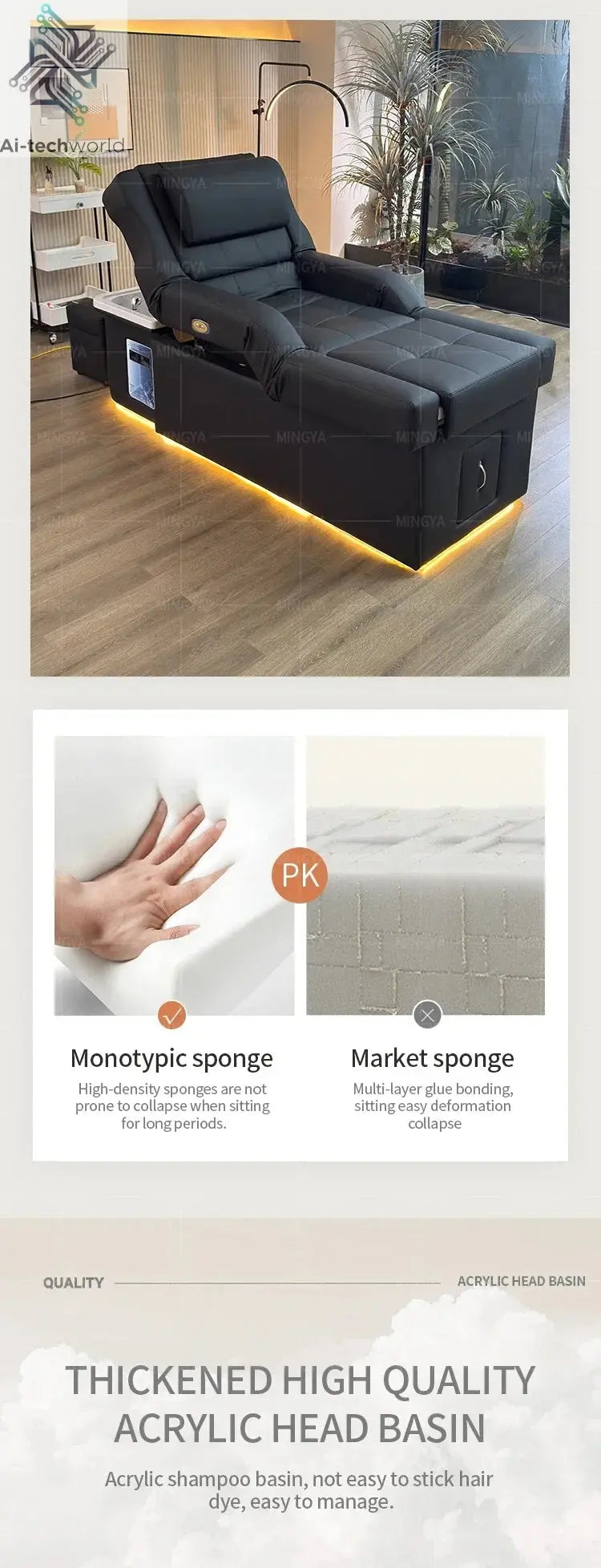 Factory Custom Made Hair Washing Bed for Hair Salon, Head Spa, Pedicure, Foot Massage, Hair Washing Chair. Ai-TechWorld 