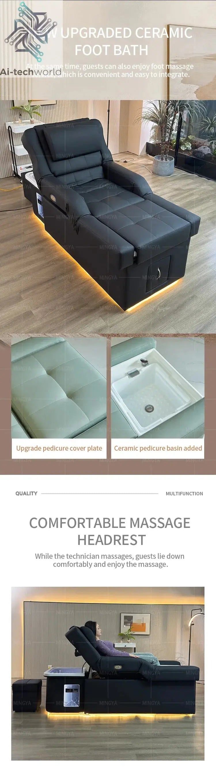 Factory Custom Made Hair Washing Bed for Hair Salon, Head Spa, Pedicure, Foot Massage, Hair Washing Chair. Ai-TechWorld 