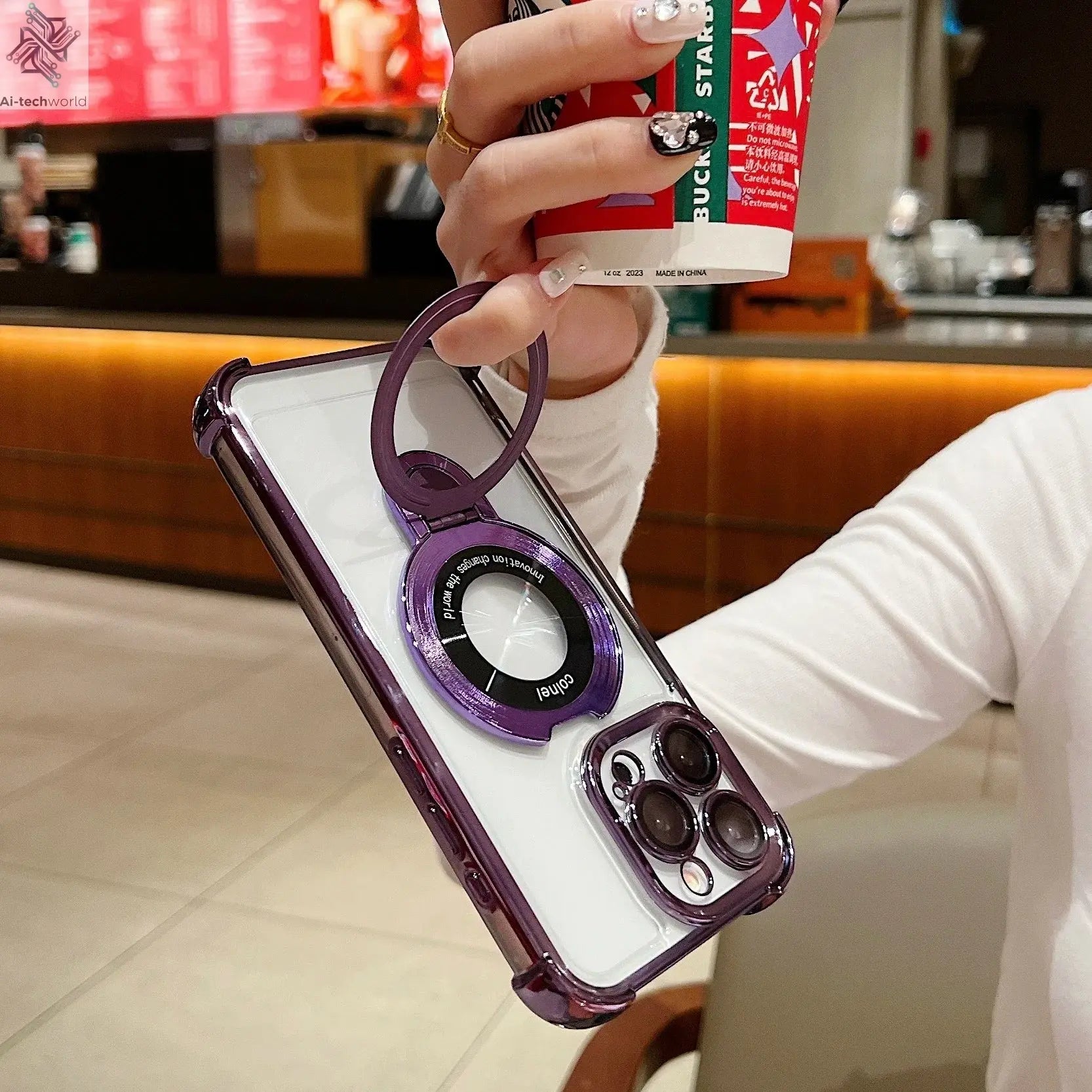 Fashion Case Plating Magnetic Bracket Case for iPhone 17 16 15 14 13 12 Pro Max Case With Holder Stand Shockproof Cover for Magsafe Ai-TechWorld 