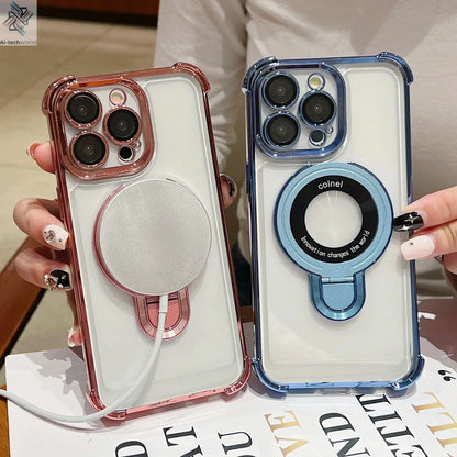 Fashion Case Plating Magnetic Bracket Case for iPhone 17 16 15 14 13 12 Pro Max Case With Holder Stand Shockproof Cover for Magsafe Ai-TechWorld 