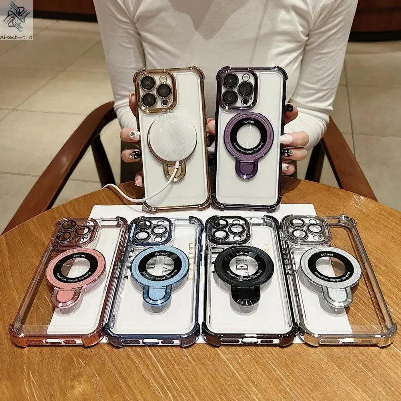Fashion Case Plating Magnetic Bracket Case for iPhone 17 16 15 14 13 12 Pro Max Case With Holder Stand Shockproof Cover for Magsafe Ai-TechWorld 