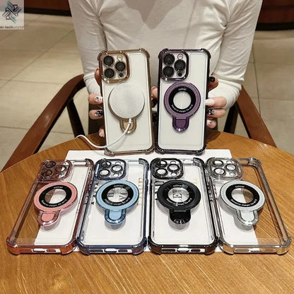Fashion Case Plating Magnetic Bracket Case for iPhone 17 16 15 14 13 12 Pro Max Case With Holder Stand Shockproof Cover for Magsafe Ai-TechWorld 