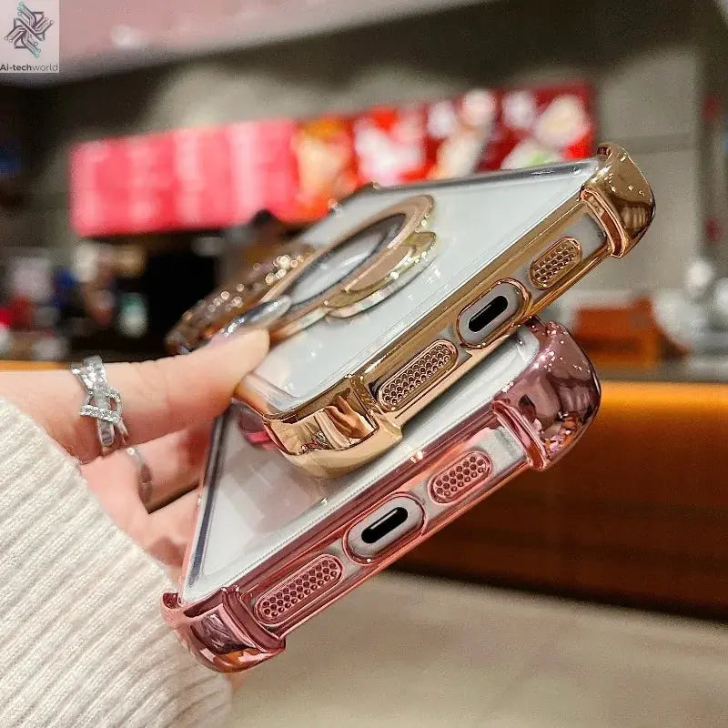 Fashion Case Plating Magnetic Bracket Case for iPhone 17 16 15 14 13 12 Pro Max Case With Holder Stand Shockproof Cover for Magsafe Ai-TechWorld 