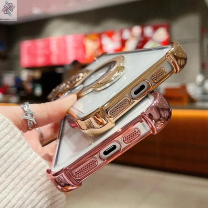 Fashion Case Plating Magnetic Bracket Case for iPhone 17 16 15 14 13 12 Pro Max Case With Holder Stand Shockproof Cover for Magsafe Ai-TechWorld 