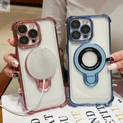 Fashion Case Plating Magnetic Bracket Case for iPhone 17 16 15 14 13 12 Pro Max Case With Holder Stand Shockproof Cover for Magsafe Ai-TechWorld 