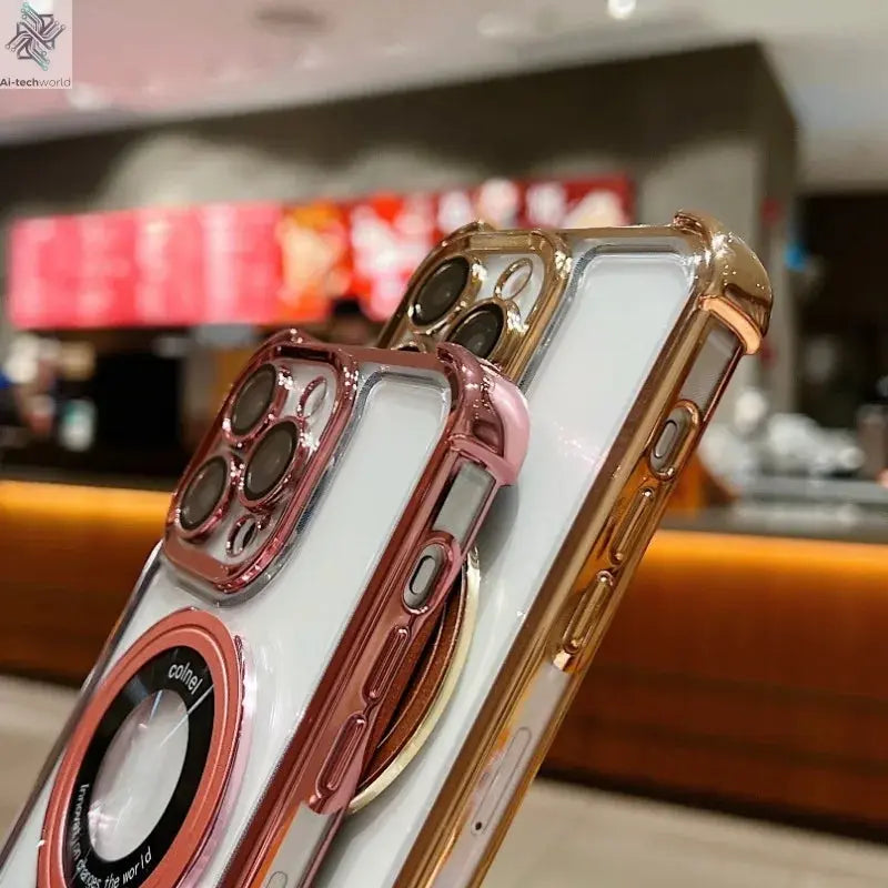 Fashion Case Plating Magnetic Bracket Case for iPhone 17 16 15 14 13 12 Pro Max Case With Holder Stand Shockproof Cover for Magsafe Ai-TechWorld 