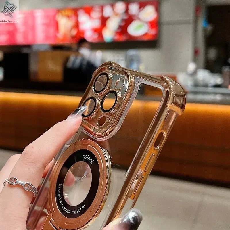 Fashion Case Plating Magnetic Bracket Case for iPhone 17 16 15 14 13 12 Pro Max Case With Holder Stand Shockproof Cover for Magsafe Ai-TechWorld 
