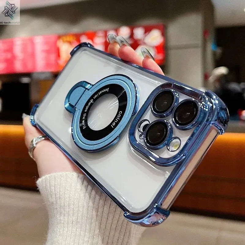 Fashion Case Plating Magnetic Bracket Case for iPhone 17 16 15 14 13 12 Pro Max Case With Holder Stand Shockproof Cover for Magsafe Ai-TechWorld 