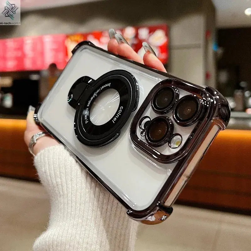 Fashion Case Plating Magnetic Bracket Case for iPhone 17 16 15 14 13 12 Pro Max Case With Holder Stand Shockproof Cover for Magsafe Ai-TechWorld 