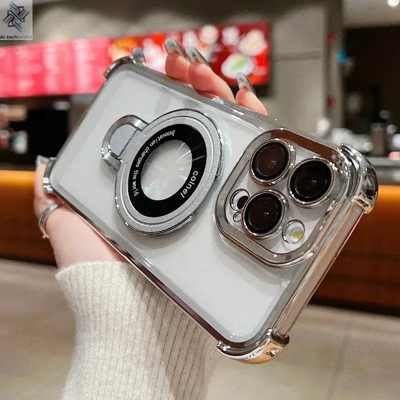Fashion Case Plating Magnetic Bracket Case for iPhone 17 16 15 14 13 12 Pro Max Case With Holder Stand Shockproof Cover for Magsafe Ai-TechWorld 