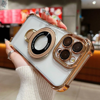 Fashion Case Plating Magnetic Bracket Case for iPhone 17 16 15 14 13 12 Pro Max Case With Holder Stand Shockproof Cover for Magsafe Ai-TechWorld 