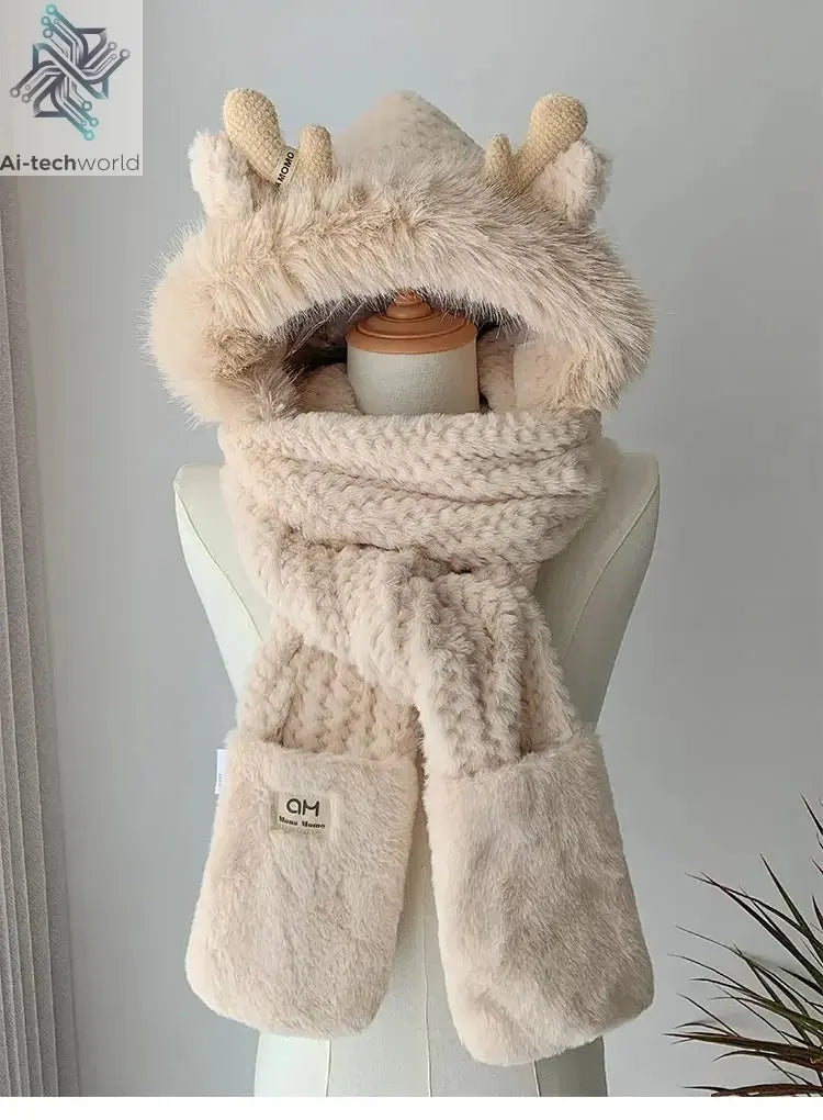Fashion Elk Antlers Plush Hat Scarf Gloves Women's Winter Ear Protector Thickened Lei Feng Hat Cycling Ski Cap Wind Proof Ai-TechWorld 