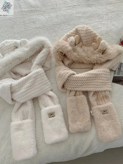 Fashion Elk Antlers Plush Hat Scarf Gloves Women's Winter Ear Protector Thickened Lei Feng Hat Cycling Ski Cap Wind Proof Ai-TechWorld 