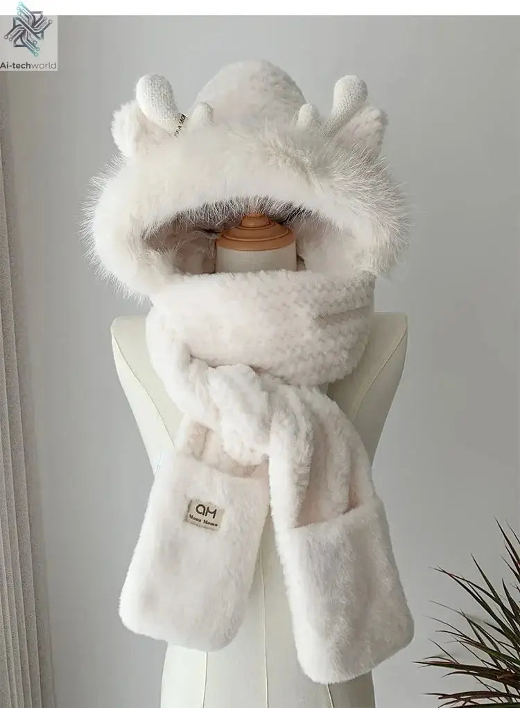 Fashion Elk Antlers Plush Hat Scarf Gloves Women's Winter Ear Protector Thickened Lei Feng Hat Cycling Ski Cap Wind Proof Ai-TechWorld 