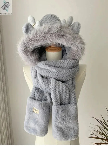 Fashion Elk Antlers Plush Hat Scarf Gloves Women's Winter Ear Protector Thickened Lei Feng Hat Cycling Ski Cap Wind Proof Ai-TechWorld 
