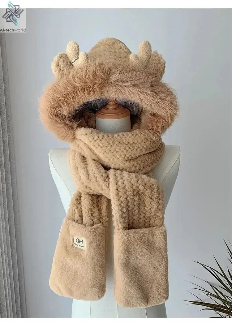Fashion Elk Antlers Plush Hat Scarf Gloves Women's Winter Ear Protector Thickened Lei Feng Hat Cycling Ski Cap Wind Proof Ai-TechWorld 