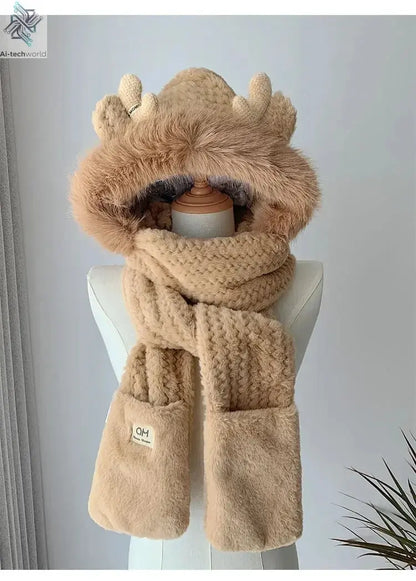 Fashion Elk Antlers Plush Hat Scarf Gloves Women's Winter Ear Protector Thickened Lei Feng Hat Cycling Ski Cap Wind Proof Ai-TechWorld 