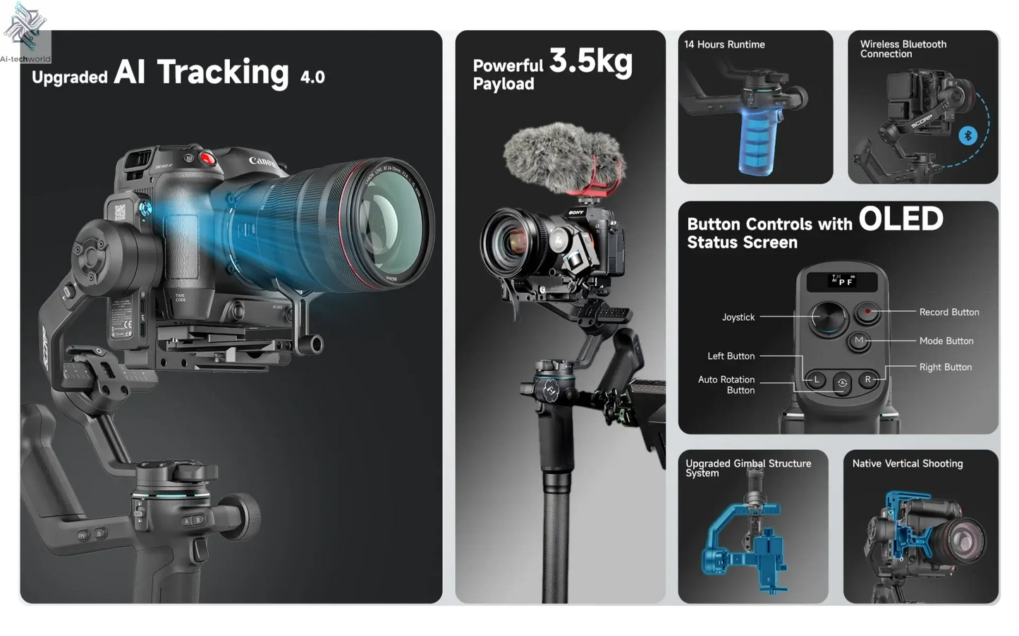 FeiyuTech SCORP-C 2 Gimbal Camera Stabilizer for DSLR&Mirrorless 3.5kg Payload, AI Tracking, Native Vertical Shooting SCORP C2 Ai-TechWorld 